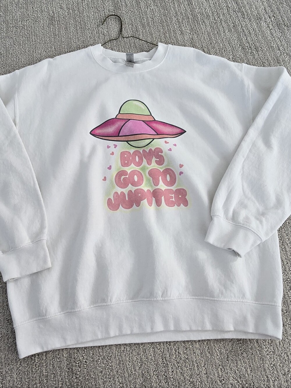 Boys Go To Jupiter Gildan White Sweatshirt with Pink & Green UFO Graphic